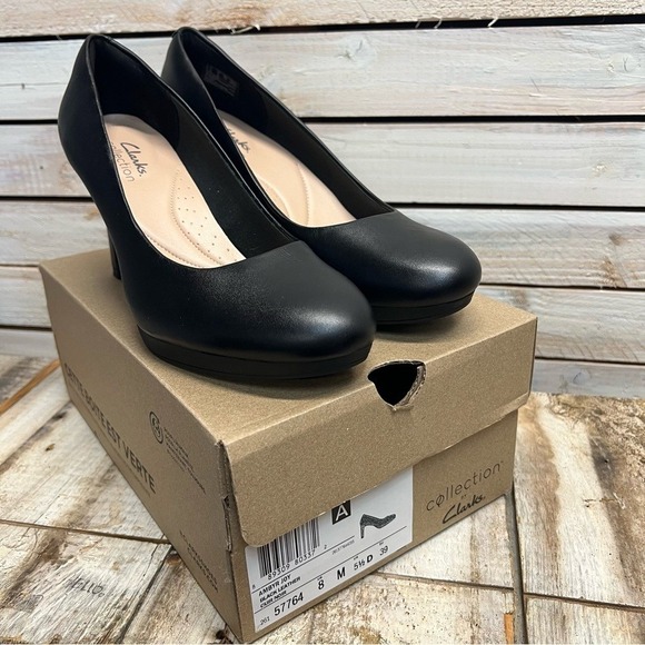 Clarks Shoes - New Clarks Ambyr Joy Black Leather Pumps Classic High Heel Comfort Shoes Size 8M